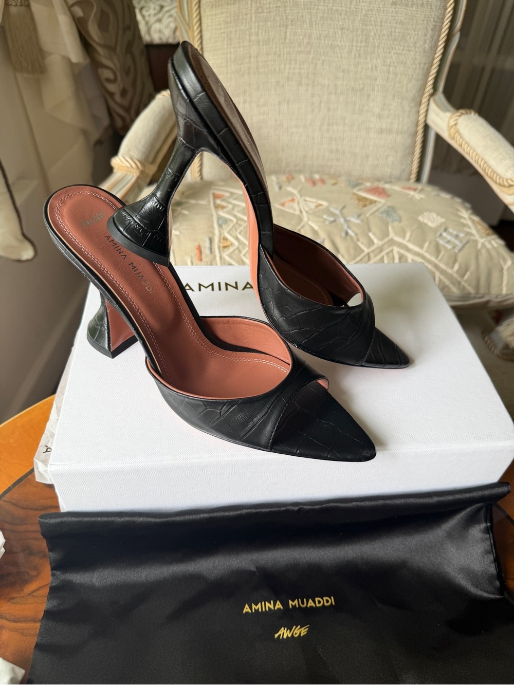 Amina Muaddi Black Croc-Embossed Pointed Mules Podium collection EU 40 US 9